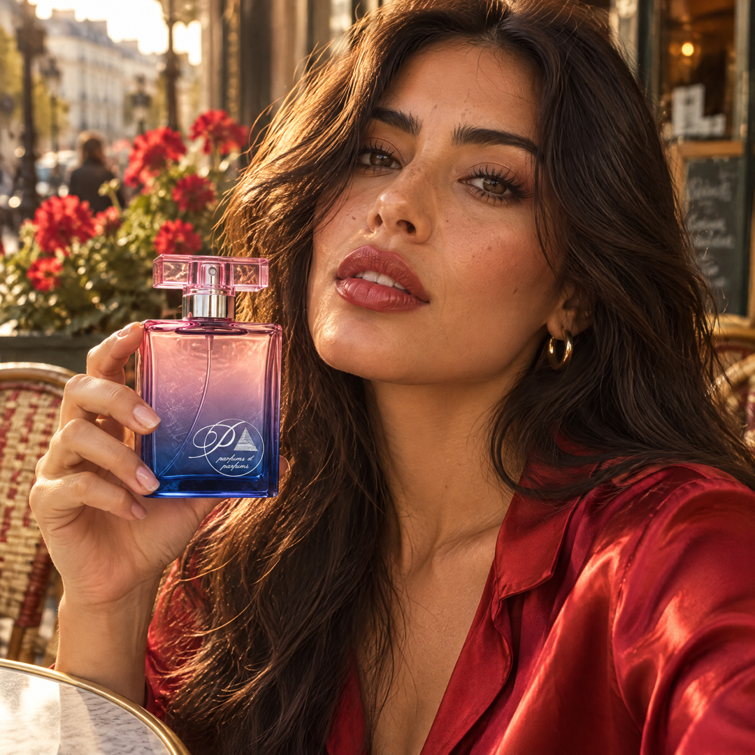 Mujer con el perfume inspirado en Amor Amor en una terraza de café al atardecer