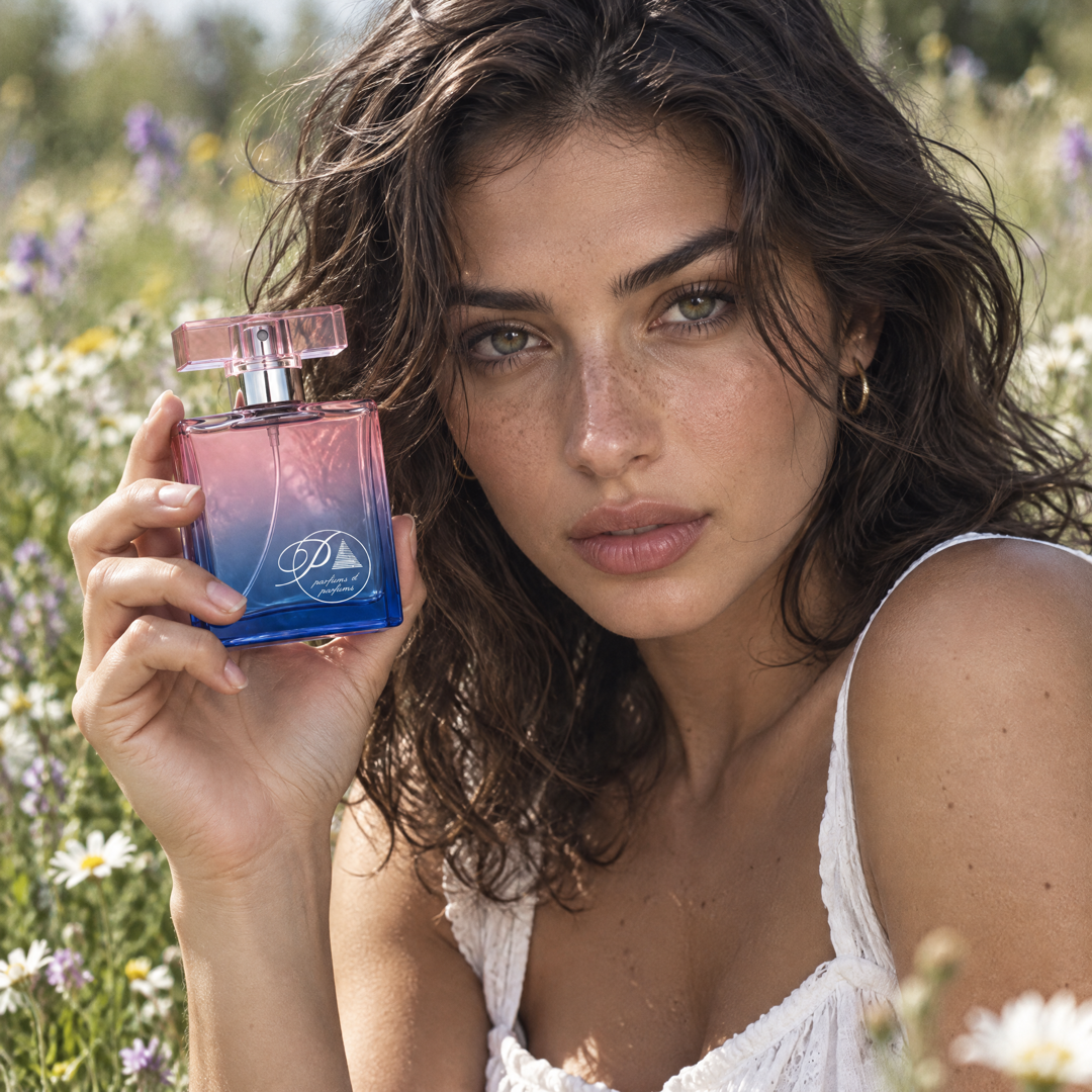 Mujer en un campo de flores con el perfume inspirado en Anais Anais de Perfumes Inferno