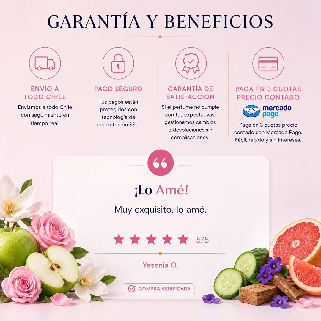 Garantía y beneficios con reseña de cliente, perfume inspirado en Be Delicious