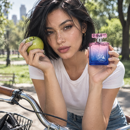Mujer en un parque de la ciudad con el perfume inspirado en Be Delicious de Perfumes Inferno