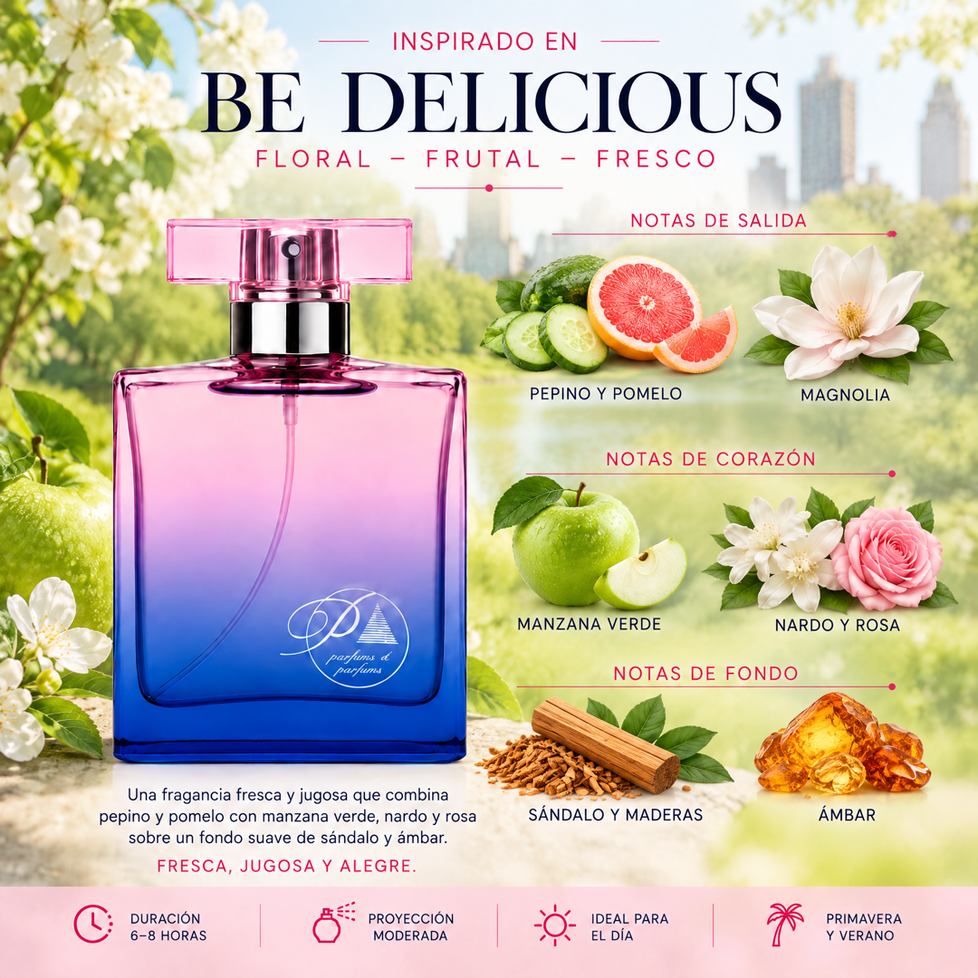 Notas olfativas del perfume inspirado en Be Delicious: pepino, pomelo, magnolia, manzana verde, nardo, rosa, sándalo, maderas y ámbar