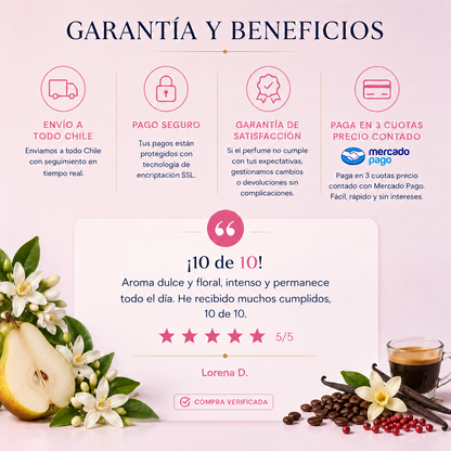 Garantía y beneficios con reseña de cliente, perfume inspirado en Black Opium