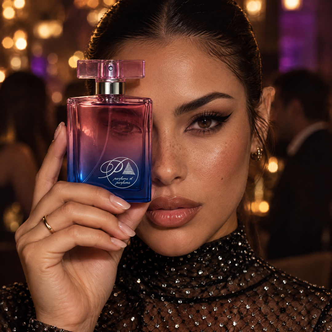 Mujer en una fiesta nocturna sosteniendo el perfume inspirado en Black Opium de Perfumes Inferno