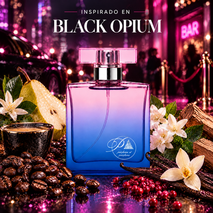 Perfume de mujer inspirado en Black Opium con café, pera, jazmín, vainilla y pimienta rosa