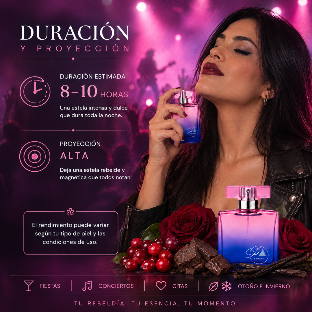 Duración de 8 a 10 horas y proyección alta del perfume de mujer inspirado en Black XS for Her