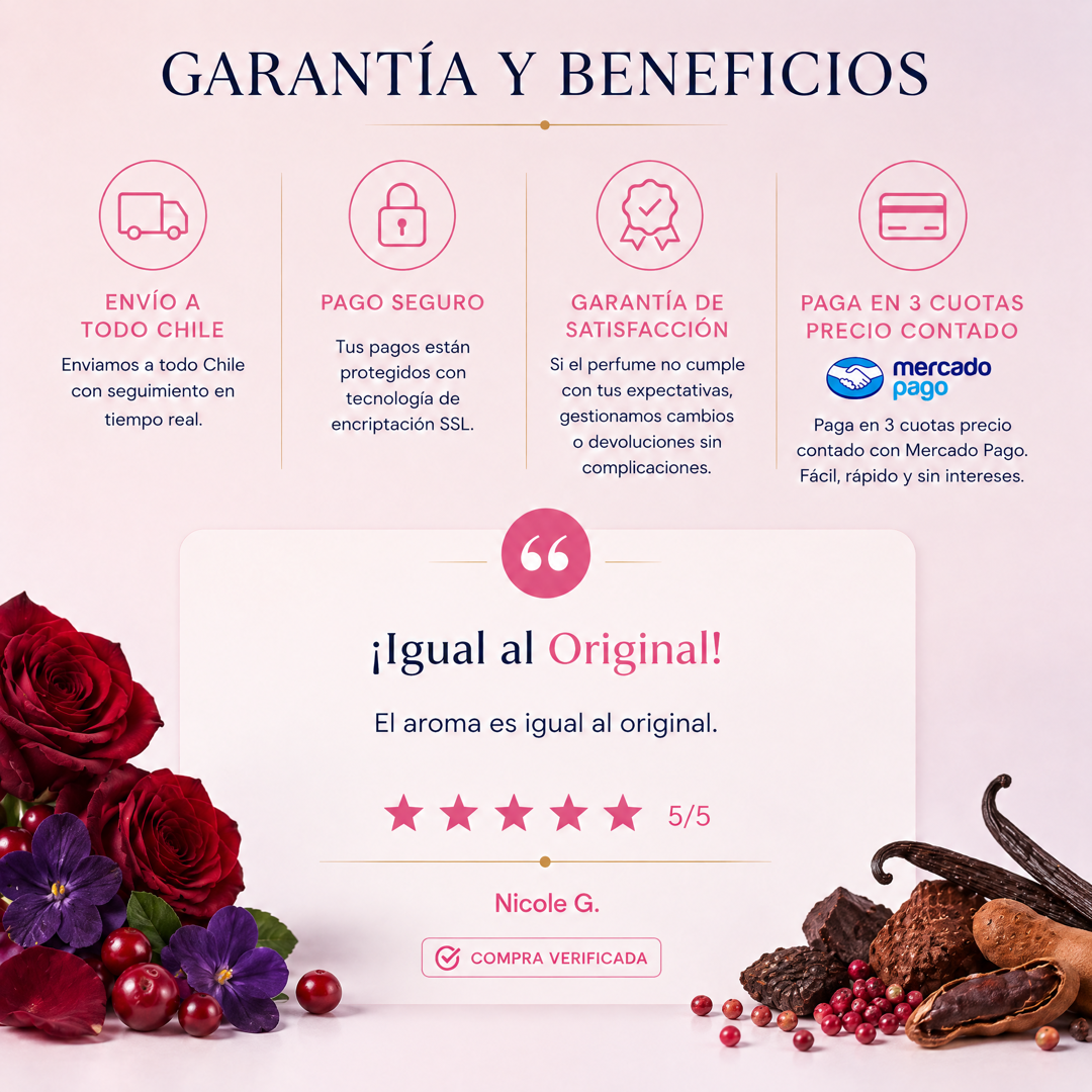 Garantía y beneficios con reseña de cliente, perfume inspirado en Black XS for Her