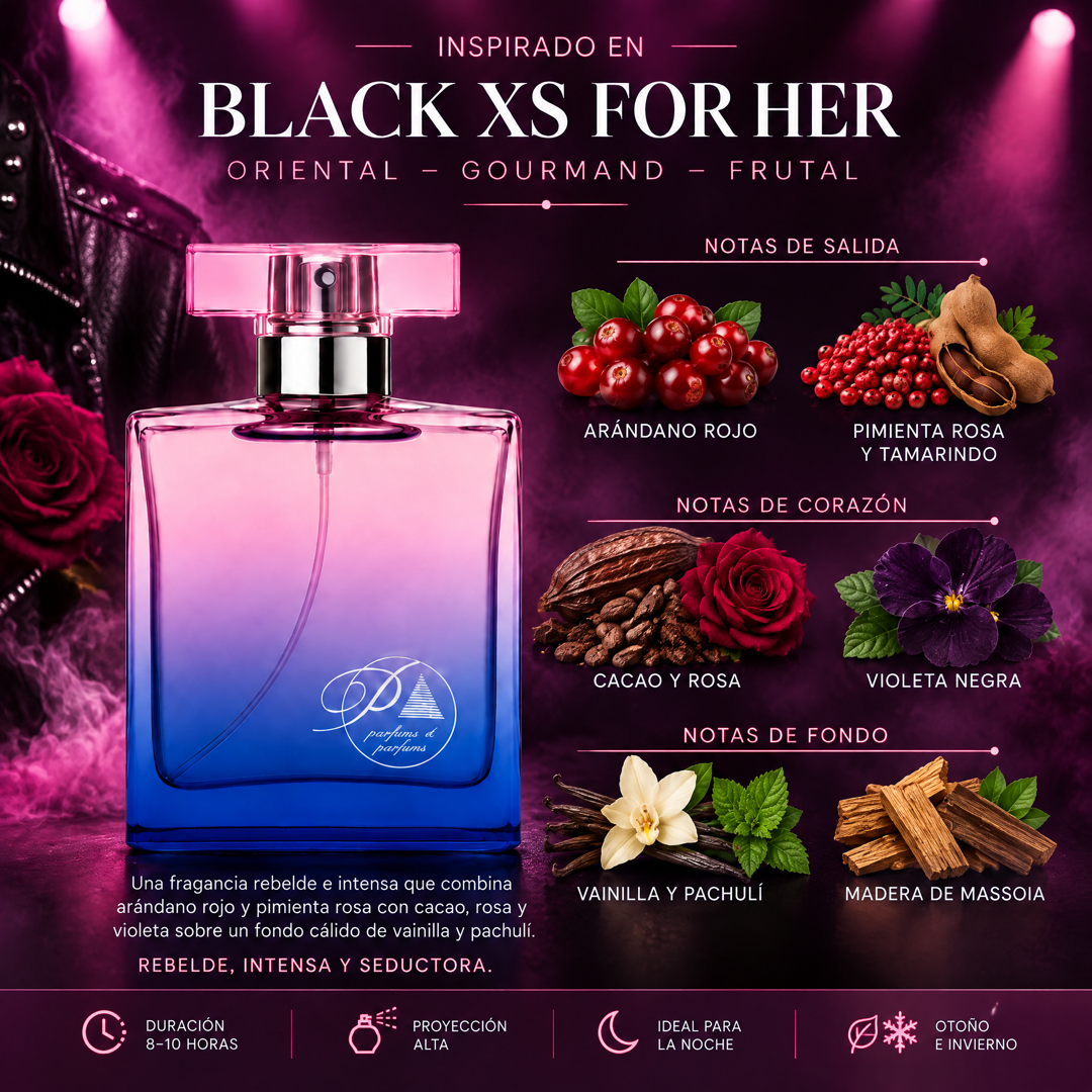 Notas olfativas del perfume inspirado en Black XS for Her: arándano rojo, pimienta rosa, tamarindo, cacao, rosa, violeta negra, vainilla, pachulí y madera de massoia