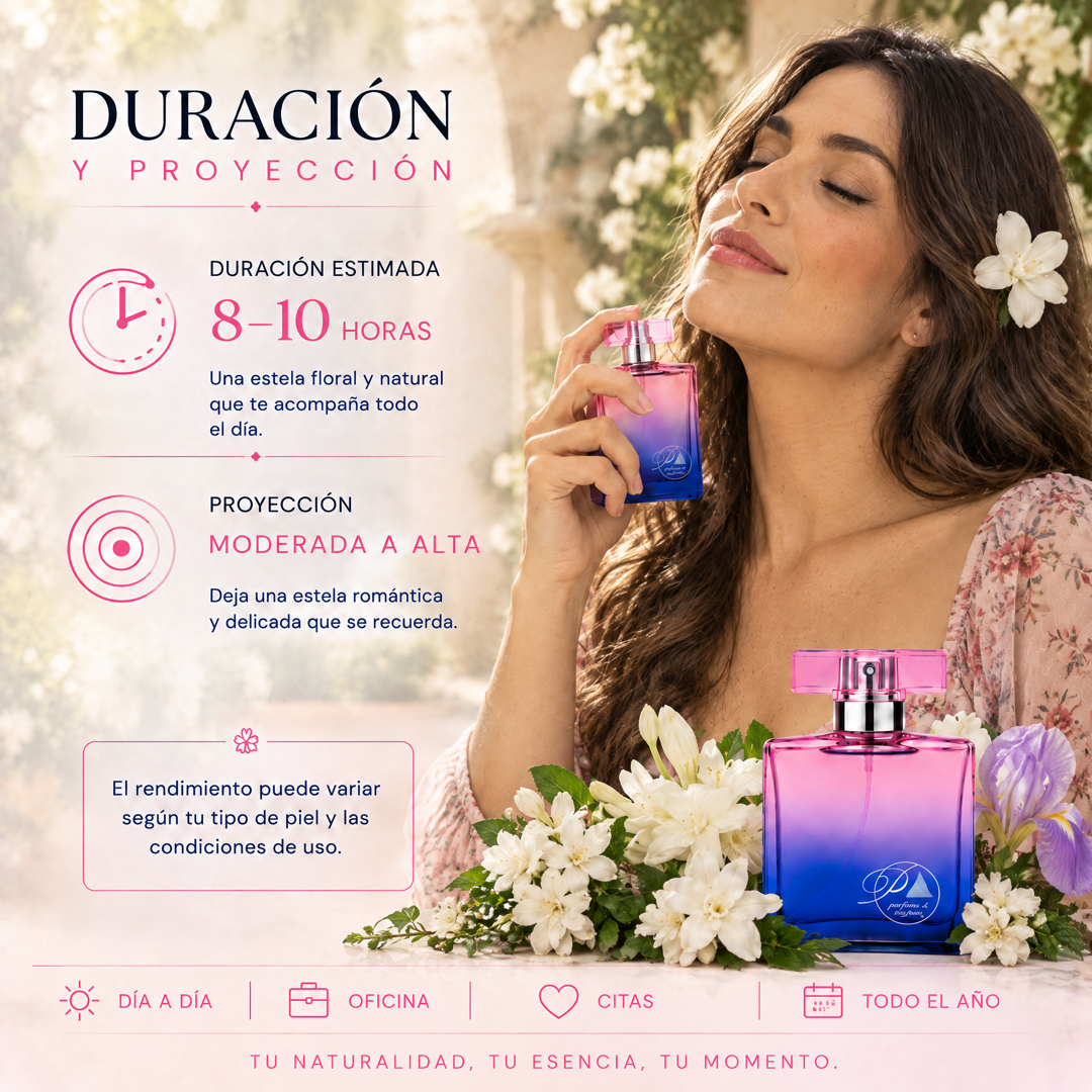 Duración de 8 a 10 horas y proyección moderada a alta del perfume de mujer inspirado en Bloom