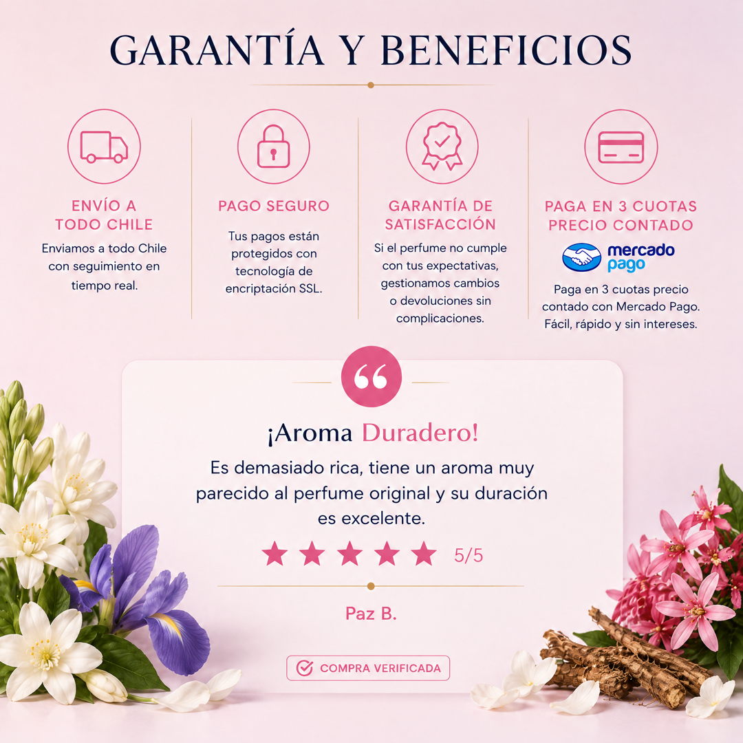 Garantía y beneficios con reseña de cliente, perfume inspirado en Bloom