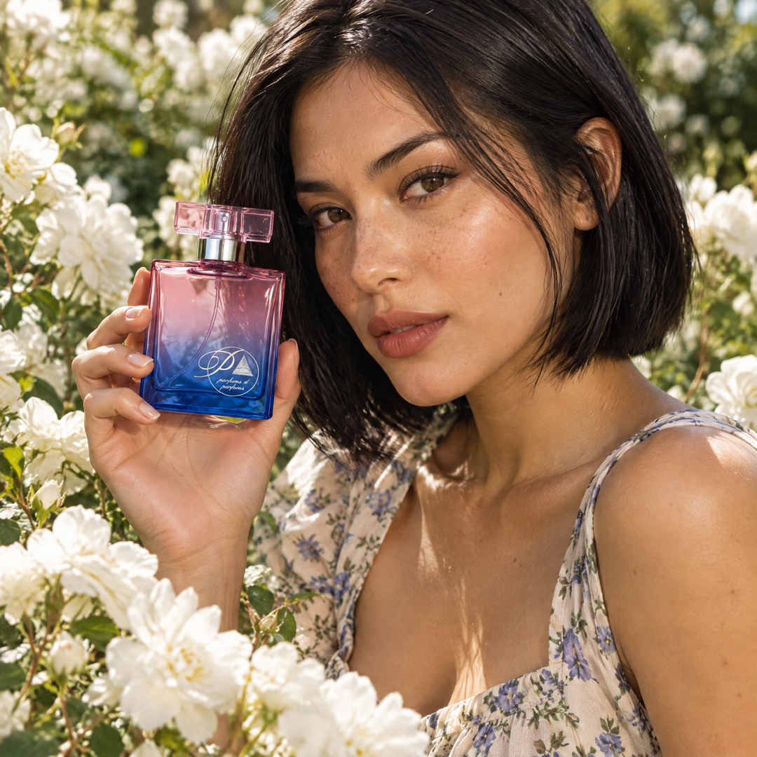 Mujer en un jardín de flores blancas con el perfume inspirado en Gucci Bloom de Perfumes Inferno