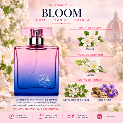 Notas olfativas del perfume inspirado en Bloom: jazmín, nardo, enredadera de Rangún y raíz de iris