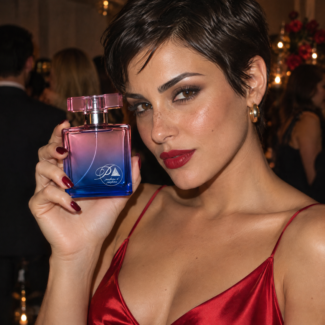 Mujer en una fiesta con flashes con el perfume inspirado en Bomba CH de Perfumes Inferno