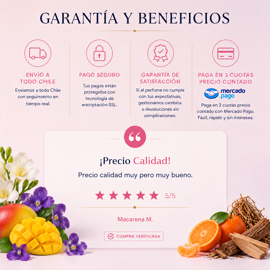 Garantía y beneficios con reseña de cliente, perfume inspirado en Boss Woman