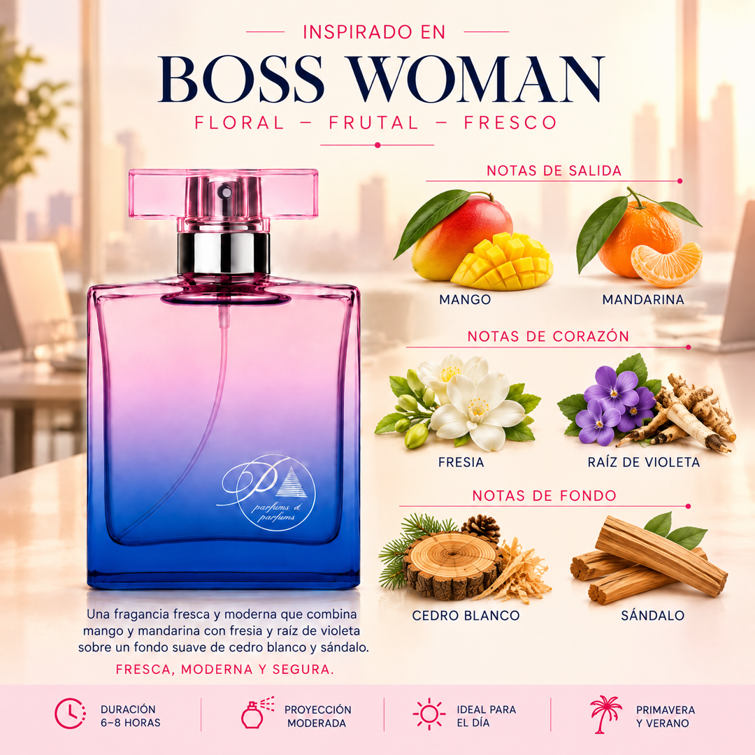 Notas olfativas del perfume inspirado en Boss Woman: mango, mandarina, fresia, raíz de violeta, cedro blanco y sándalo