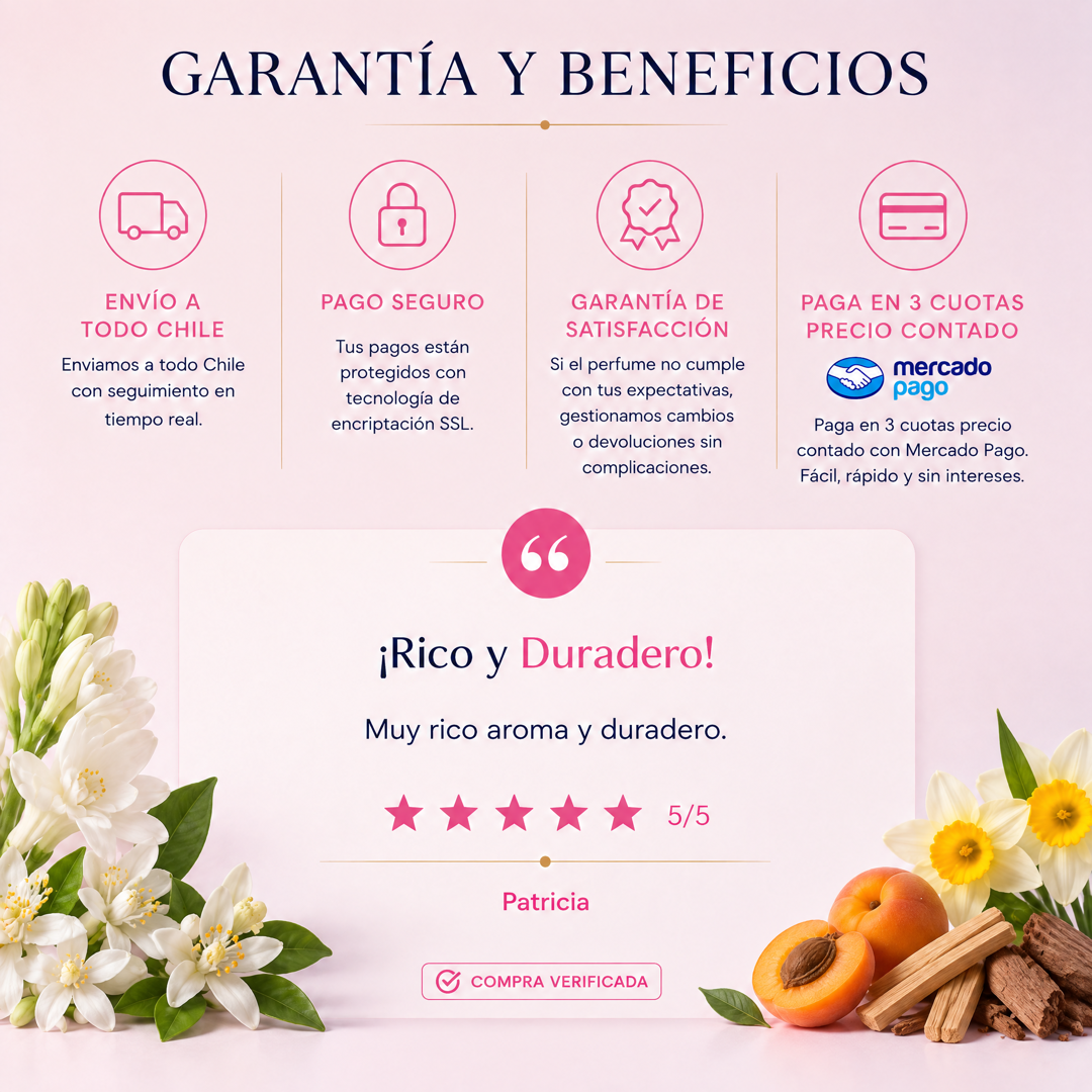 Garantía y beneficios con reseña de cliente, perfume inspirado en Carolina Herrera