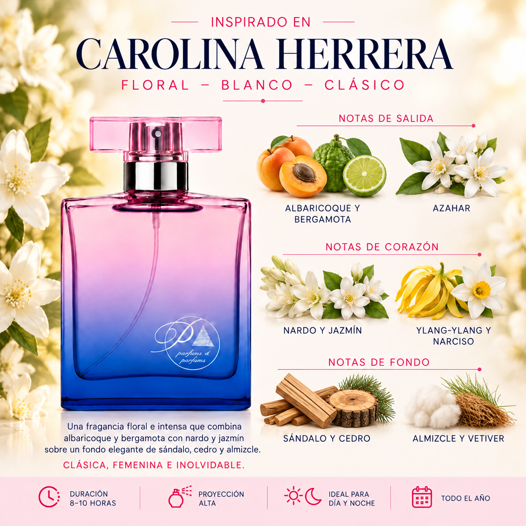 Notas olfativas del perfume inspirado en Carolina Herrera: albaricoque, bergamota, azahar, nardo, jazmín, ylang-ylang, narciso, sándalo, cedro, almizcle y vetiver