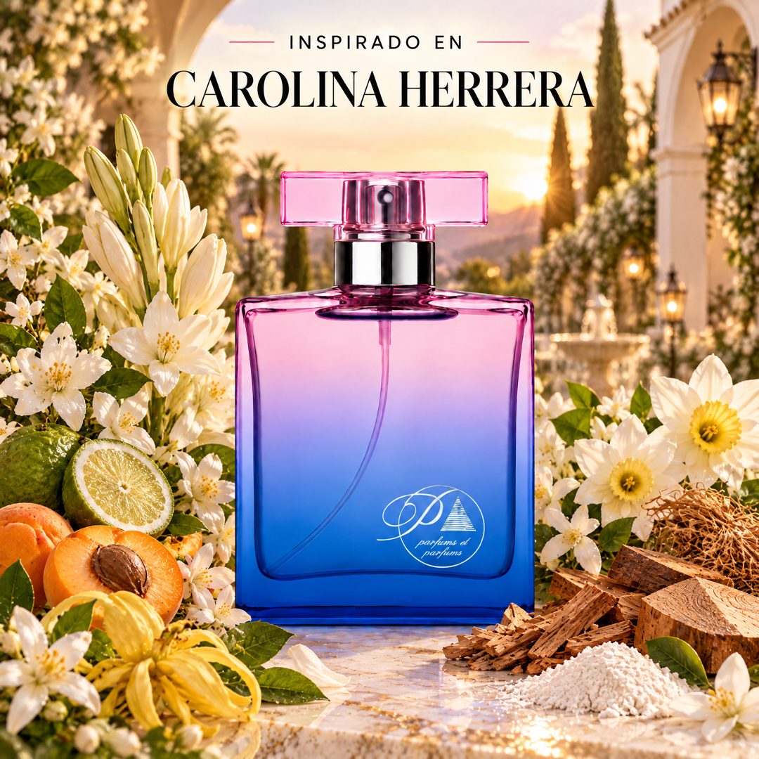 Perfume de mujer inspirado en Carolina Herrera con albaricoque, nardo, jazmín, ylang-ylang y sándalo
