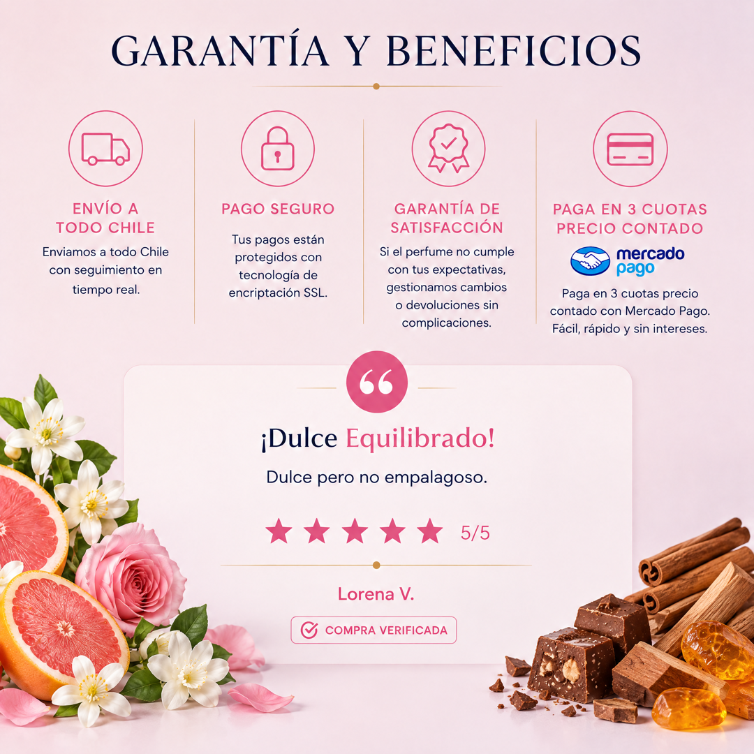 Garantía y beneficios con reseña de cliente, perfume inspirado en CH Carolina Herrera