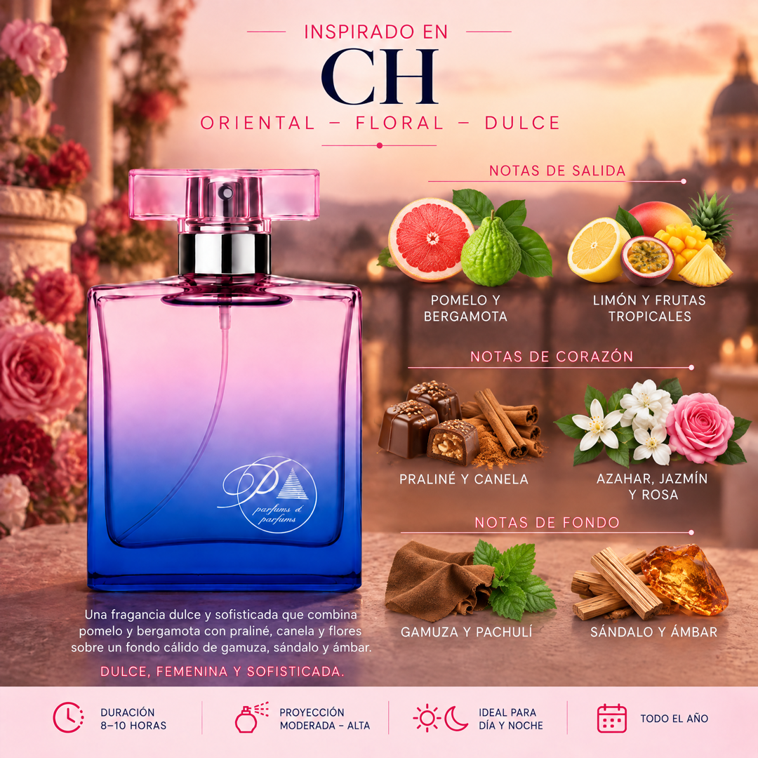 Notas olfativas del perfume inspirado en CH Carolina Herrera: pomelo, bergamota, limón, frutas tropicales, praliné, canela, azahar, jazmín, rosa, gamuza, pachulí, sándalo y ámbar
