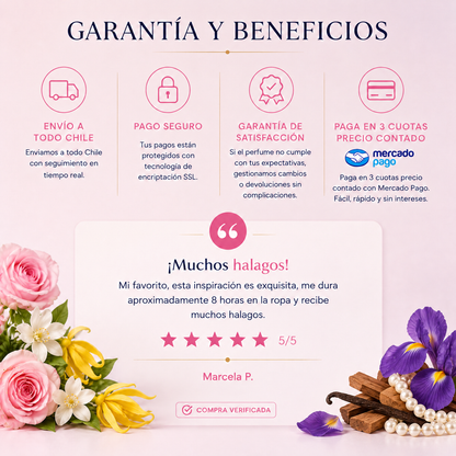 Garantía y beneficios con reseña de cliente, perfume inspirado en Chanel N°5