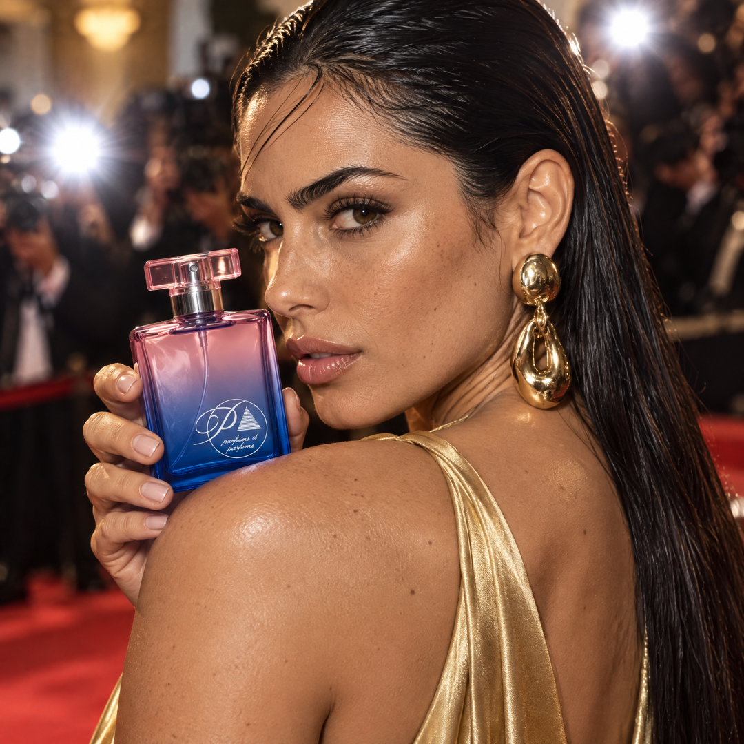 Mujer con vestido dorado en una alfombra roja sosteniendo el perfume inspirado en Chanel N°5 de Perfumes Inferno