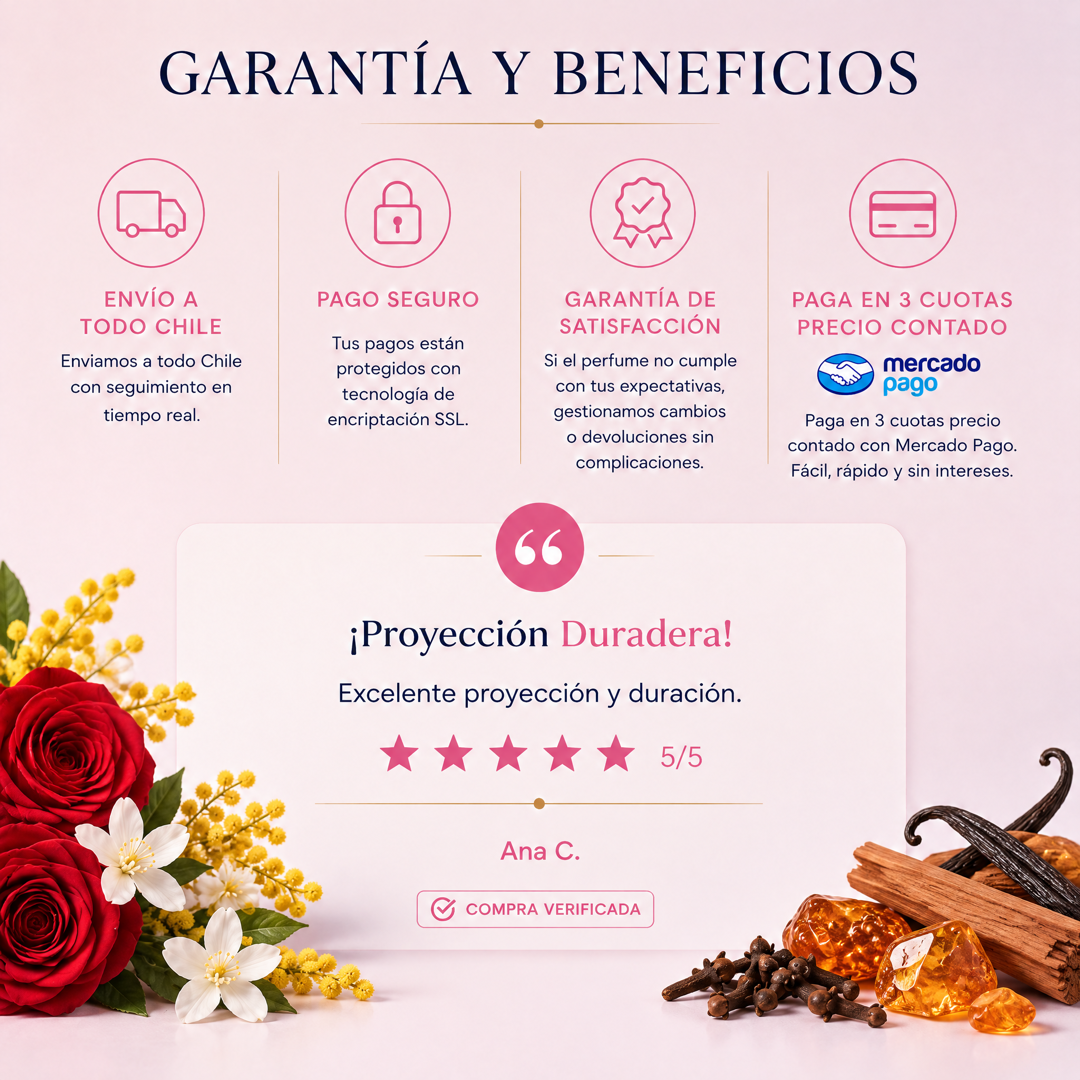 Garantía y beneficios con reseña de cliente, perfume inspirado en Coco Chanel
