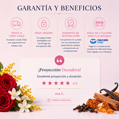 Garantía y beneficios con reseña de cliente, perfume inspirado en Coco Chanel