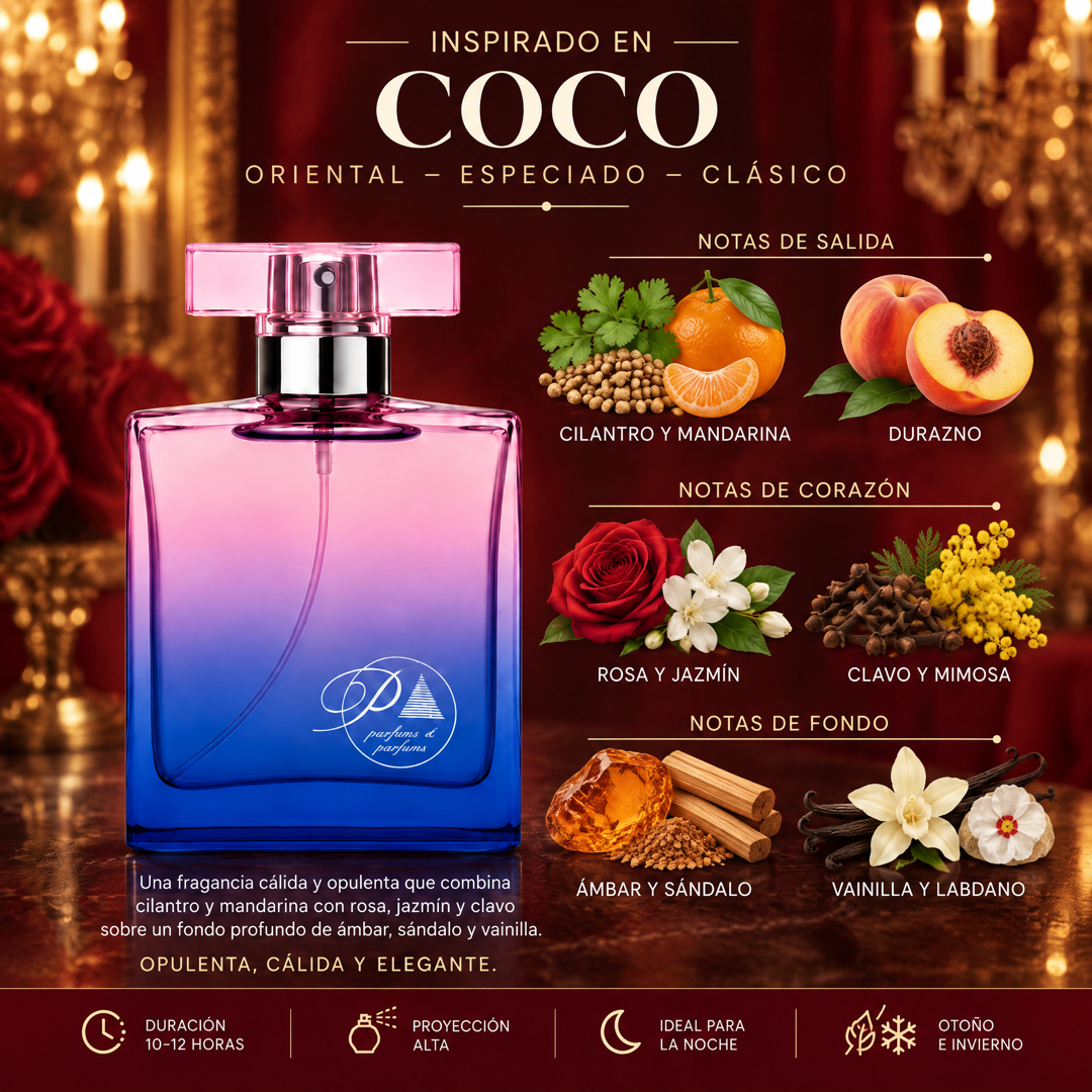 Notas olfativas del perfume inspirado en Coco Chanel: cilantro, mandarina, durazno, rosa, jazmín, clavo, mimosa, ámbar, sándalo, vainilla y labdano