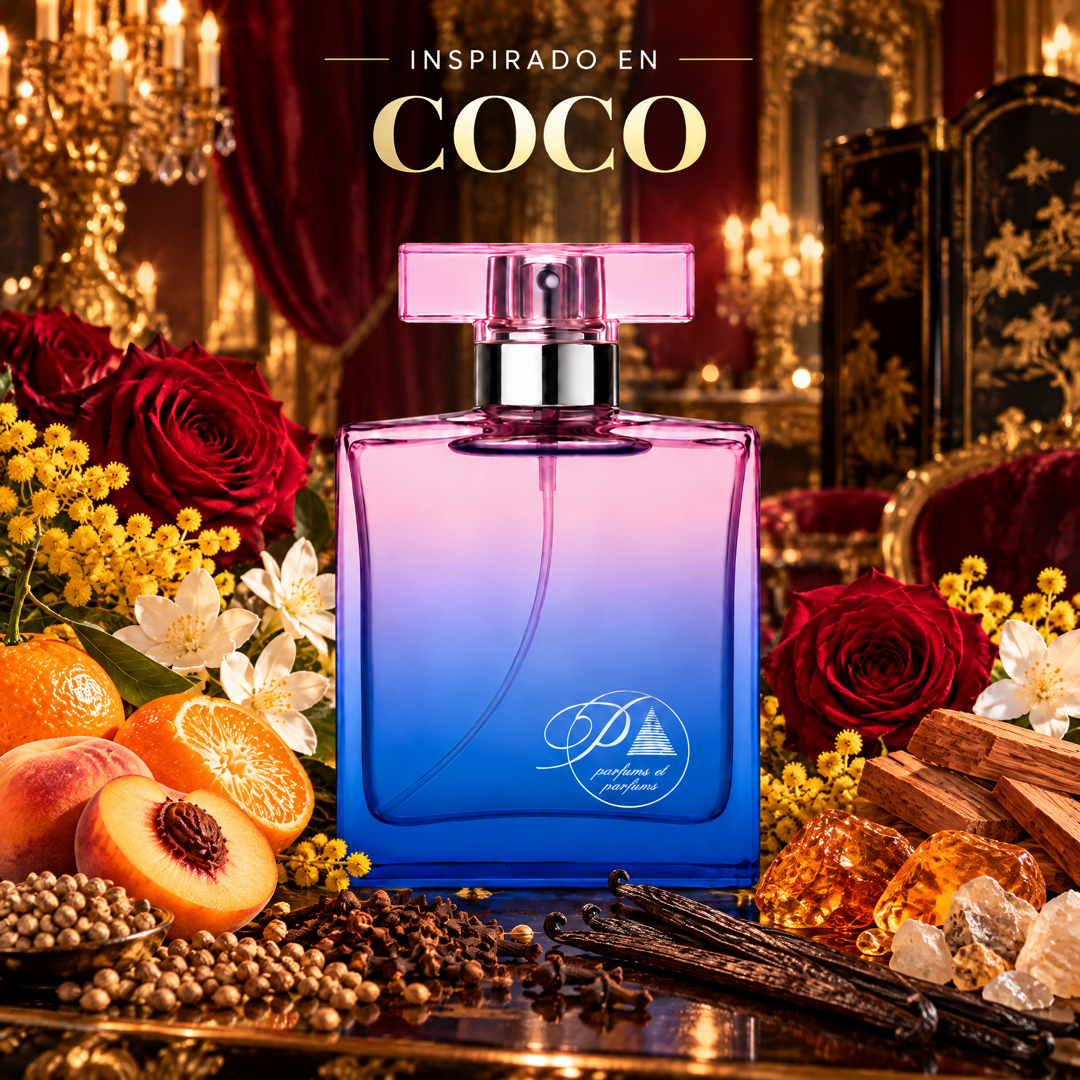 Perfume de mujer inspirado en Coco Chanel con cilantro, rosa, jazmín, clavo, ámbar y vainilla