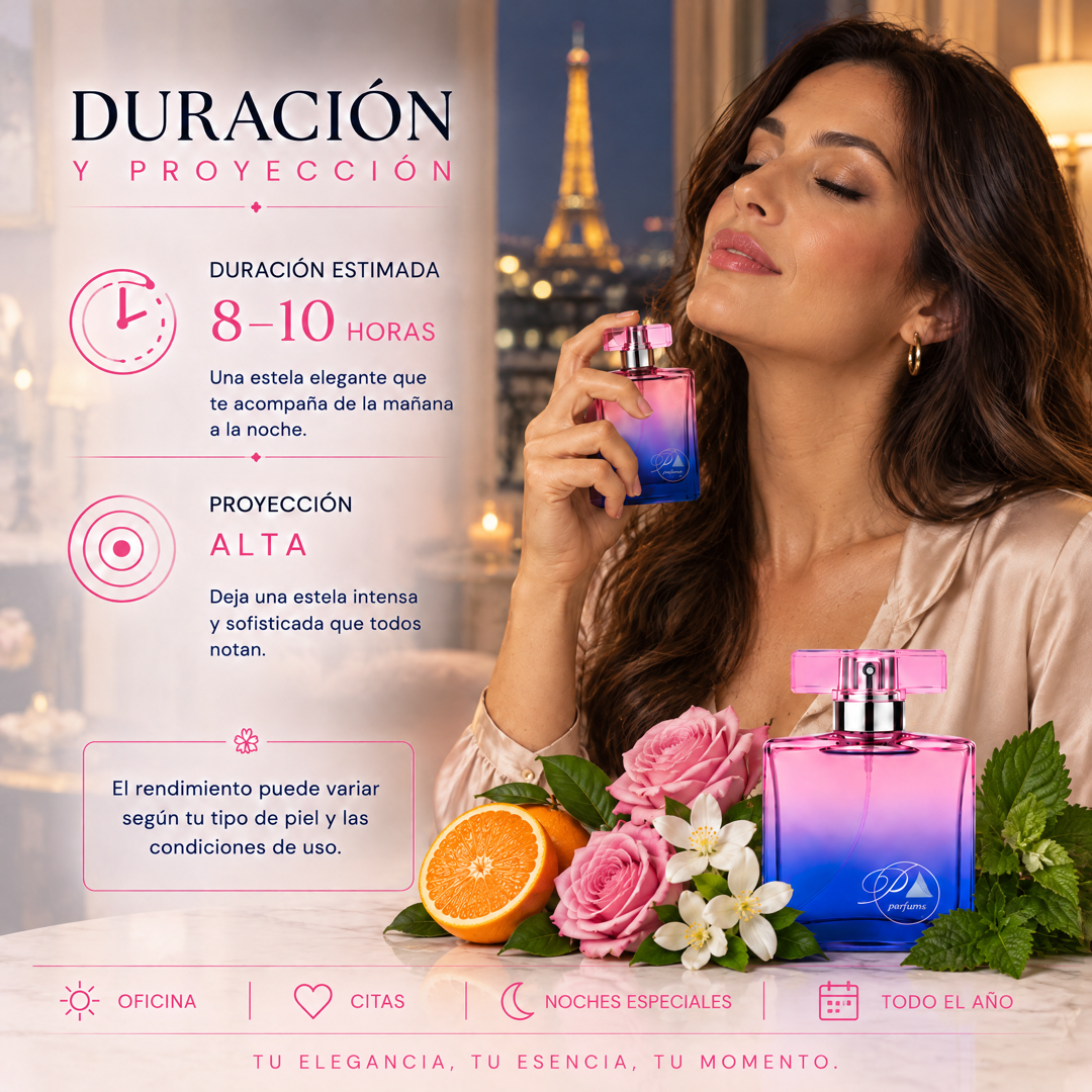 Duración de 8 a 10 horas y proyección alta del perfume de mujer inspirado en Coco Mademoiselle