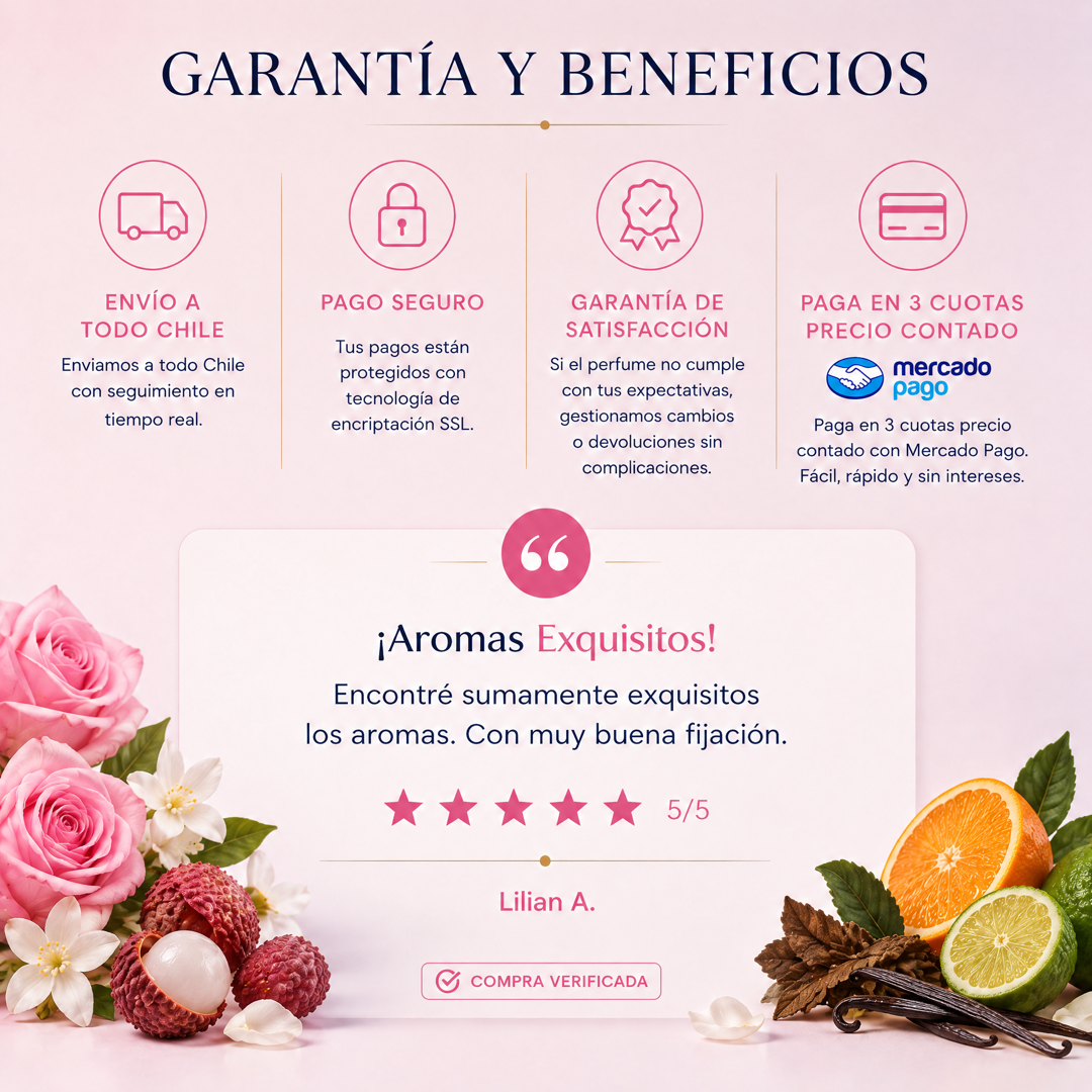 Garantía y beneficios con reseña de cliente, perfume inspirado en Coco Mademoiselle