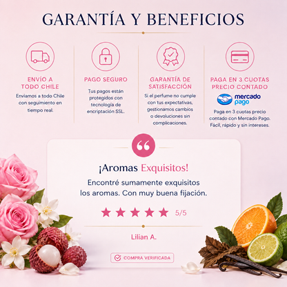Garantía y beneficios con reseña de cliente, perfume inspirado en Coco Mademoiselle