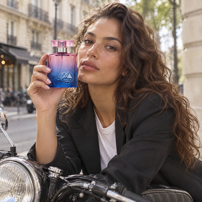 Mujer en una moto en París con el perfume inspirado en Coco Mademoiselle de Perfumes Inferno