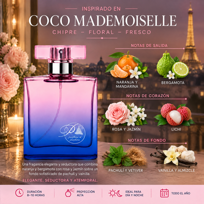 Notas olfativas del perfume inspirado en Coco Mademoiselle: naranja, mandarina, bergamota, rosa, jazmín, lichi, pachulí, vetiver, vainilla y almizcle