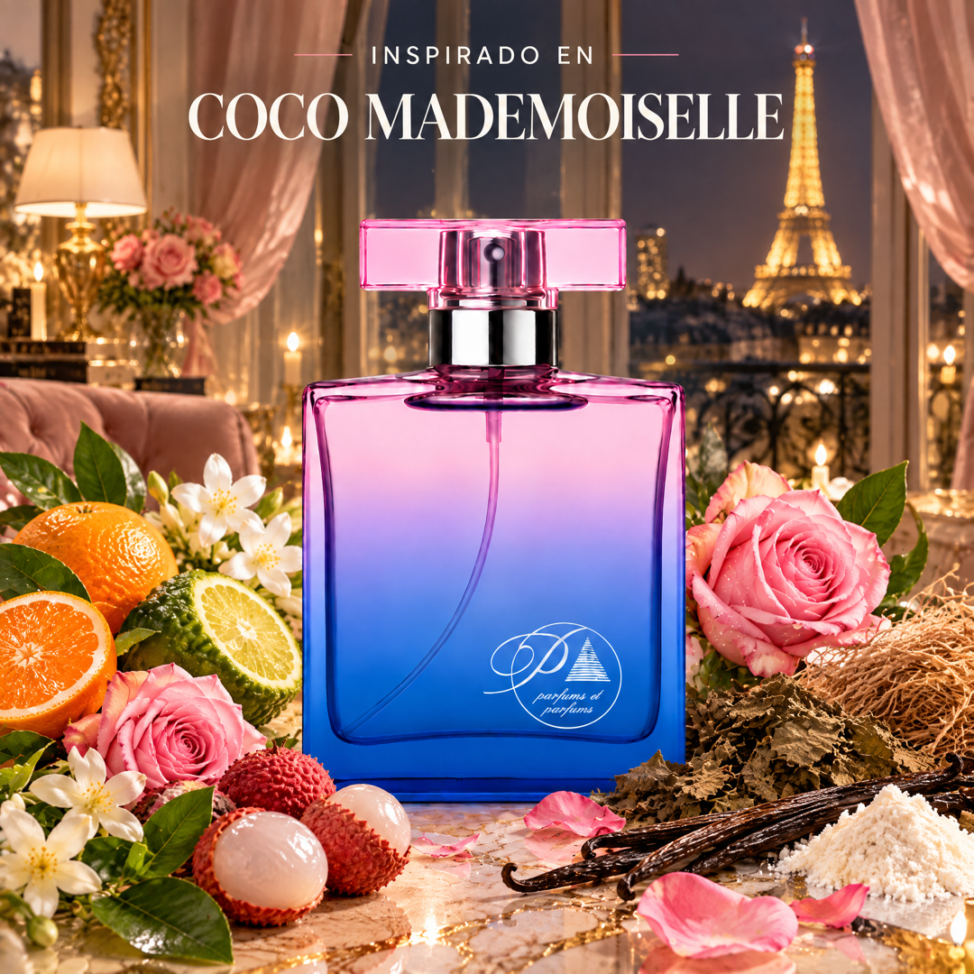 Perfume de mujer inspirado en Coco Mademoiselle con naranja, bergamota, rosa, jazmín y pachulí