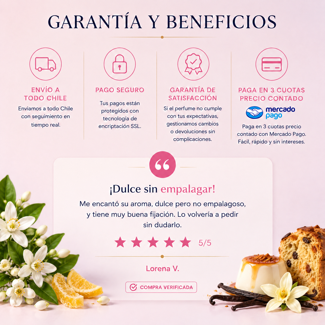 Garantía y beneficios con reseña de cliente, perfume inspirado en Devotion