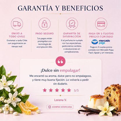 Garantía y beneficios con reseña de cliente, perfume inspirado en Devotion