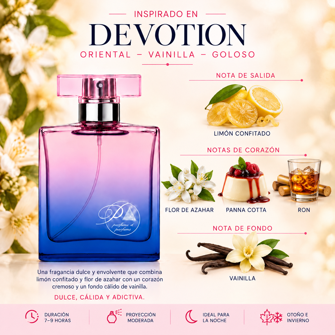 Notas olfativas del perfume inspirado en Devotion: limón confitado, flor de azahar, panna cotta, ron y vainilla
