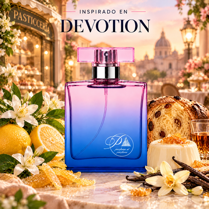 Perfume de mujer inspirado en Devotion con limón confitado, azahar, panettone, panna cotta y vainilla