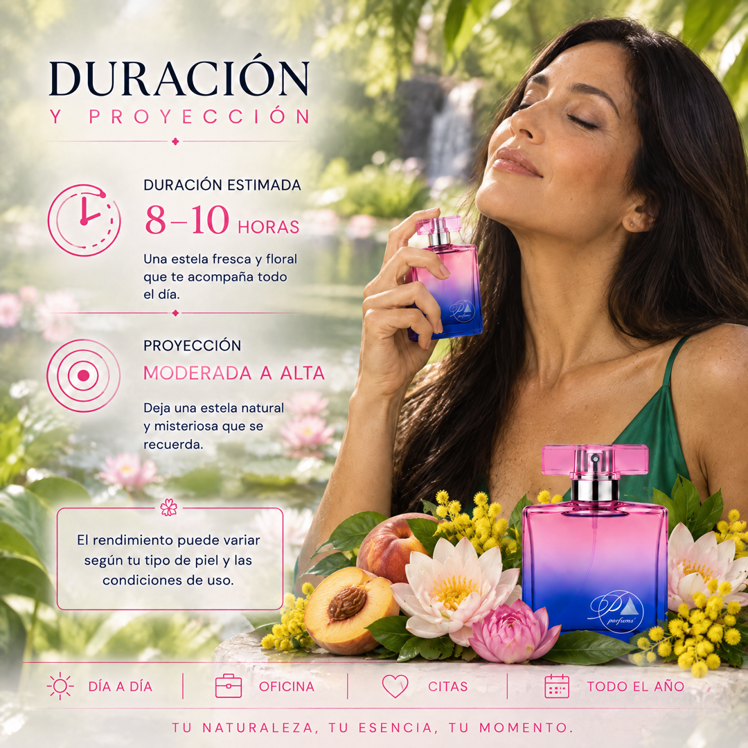 Duración de 8 a 10 horas y proyección moderada a alta del perfume de mujer inspirado en Eden