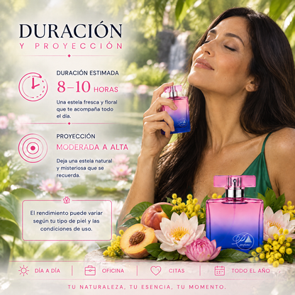 Duración de 8 a 10 horas y proyección moderada a alta del perfume de mujer inspirado en Eden