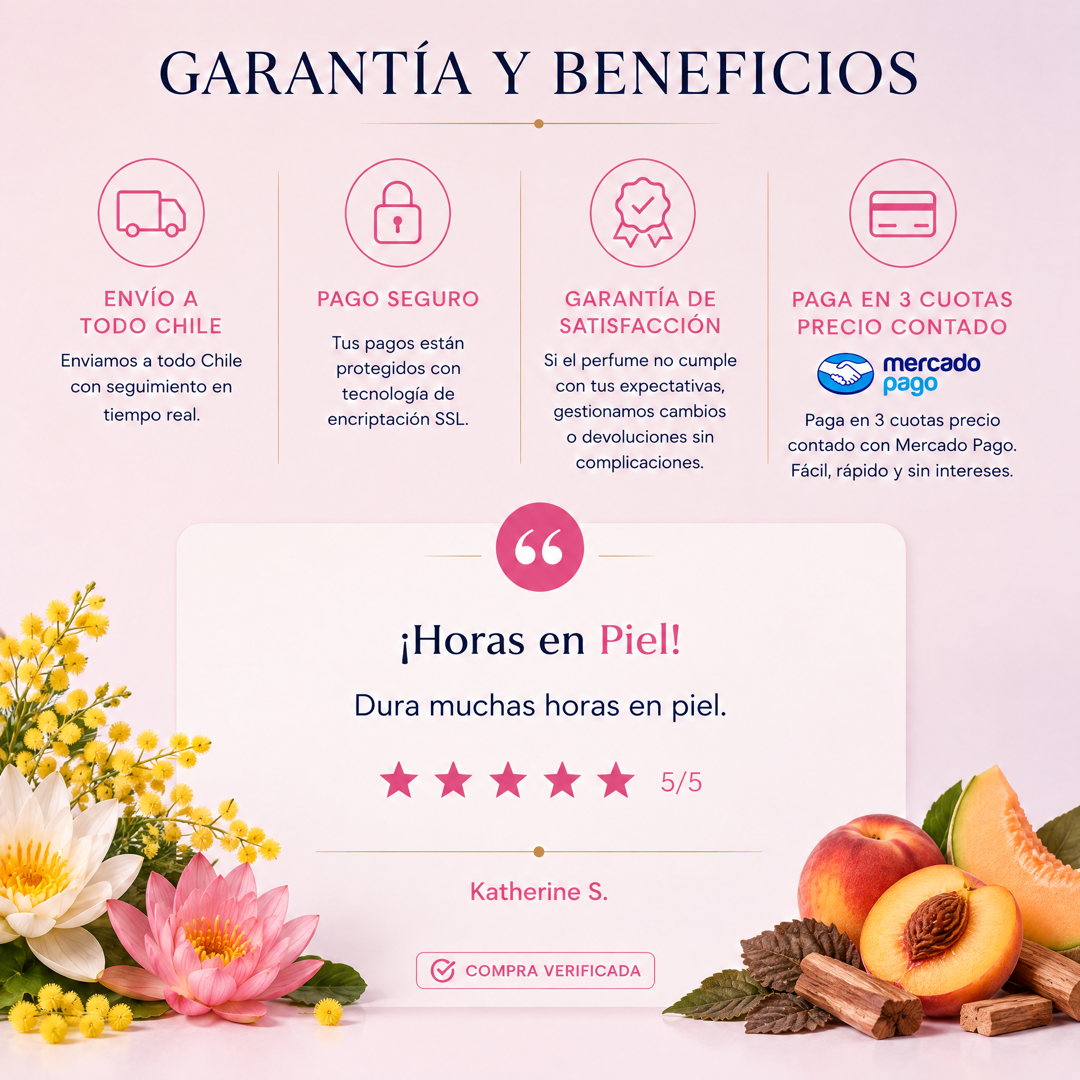 Garantía y beneficios con reseña de cliente, perfume inspirado en Eden