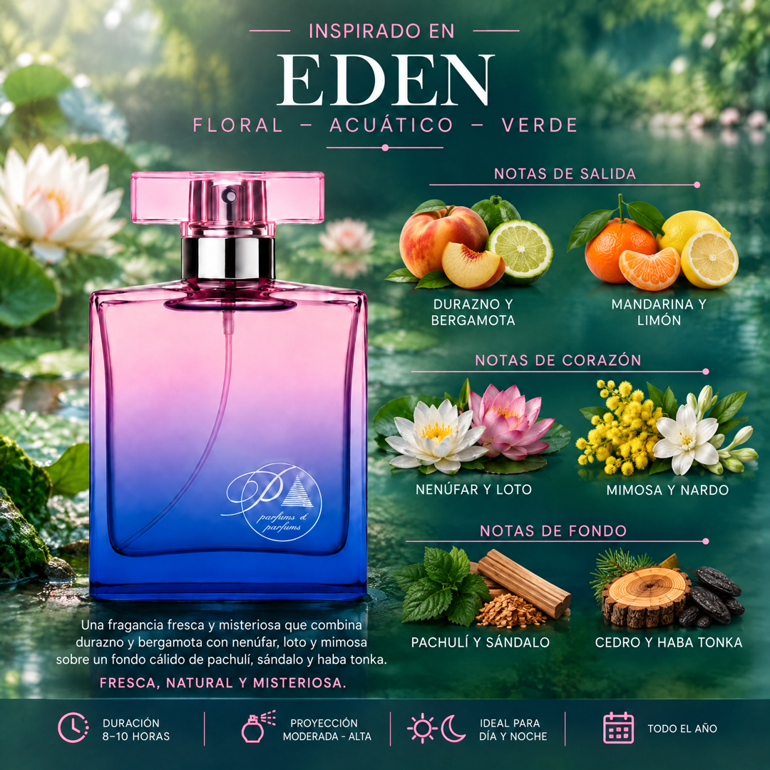 Notas olfativas del perfume inspirado en Eden: durazno, bergamota, mandarina, limón, nenúfar, loto, mimosa, nardo, pachulí, sándalo, cedro y haba tonka