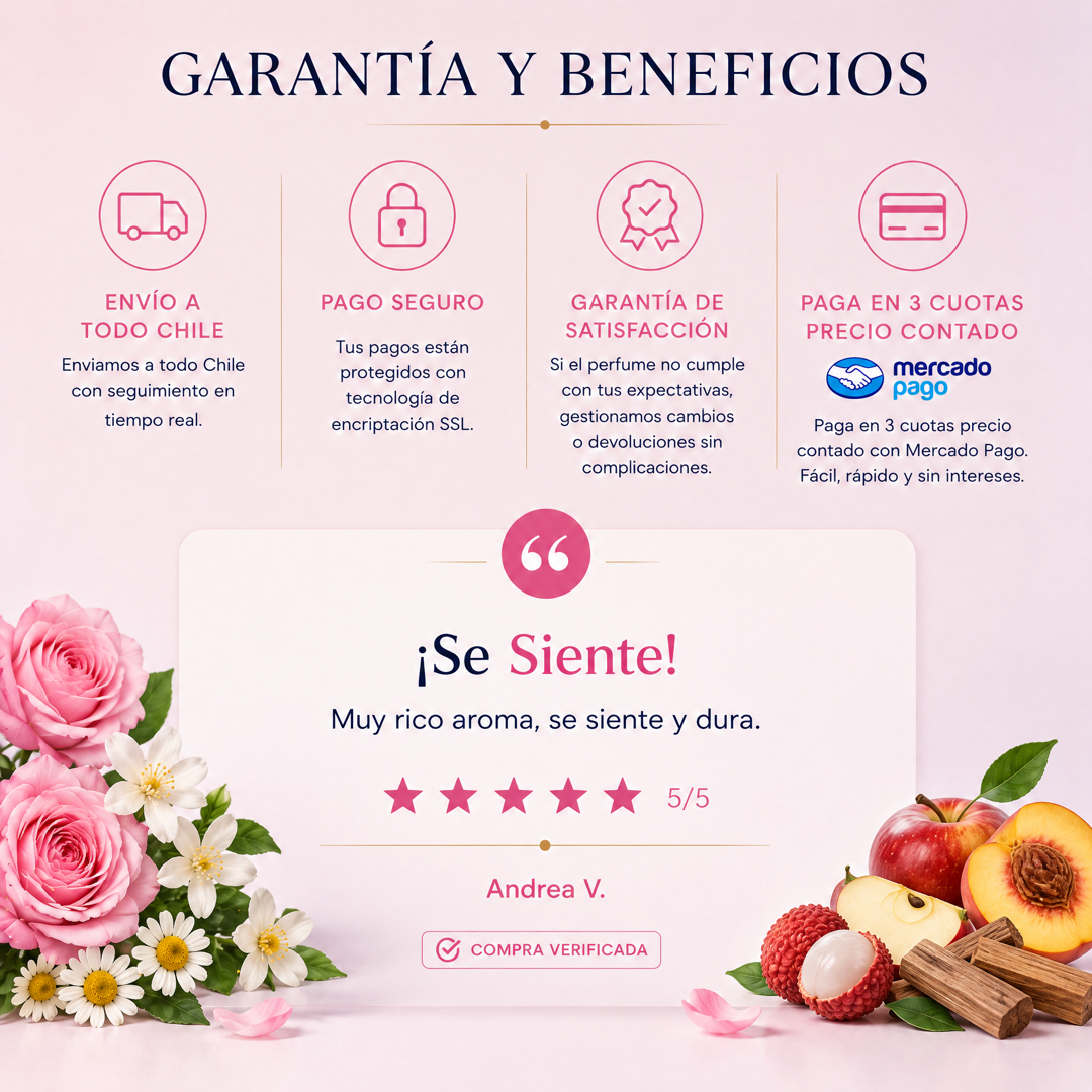 Garantía y beneficios con reseña de cliente, perfume inspirado en Escape