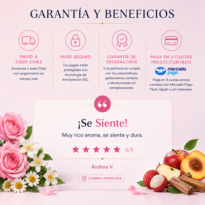 Garantía y beneficios con reseña de cliente, perfume inspirado en Escape