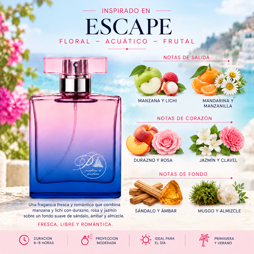 Notas olfativas del perfume inspirado en Escape: manzana, lichi, mandarina, manzanilla, durazno, rosa, jazmín, clavel, sándalo, ámbar, musgo y almizcle