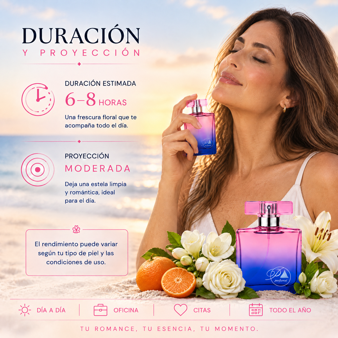 Duración de 6 a 8 horas y proyección moderada del perfume de mujer inspirado en Eternity