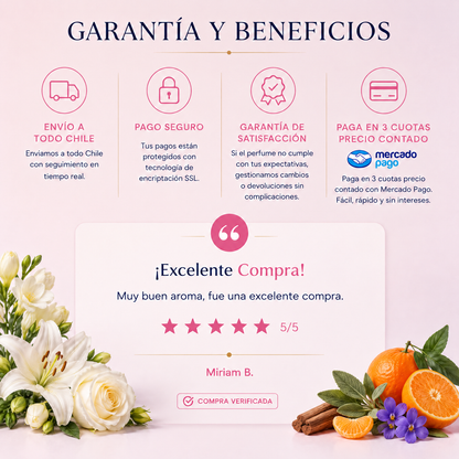 Garantía y beneficios con reseña de cliente, perfume inspirado en Eternity