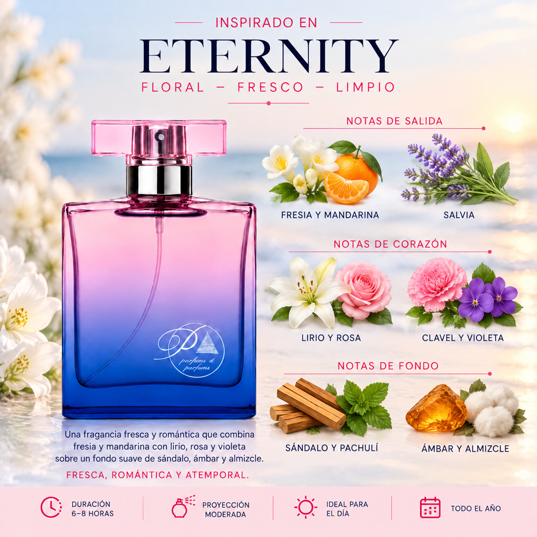 Notas olfativas del perfume inspirado en Eternity: fresia, mandarina, salvia, lirio, rosa, clavel, violeta, sándalo, pachulí, ámbar y almizcle