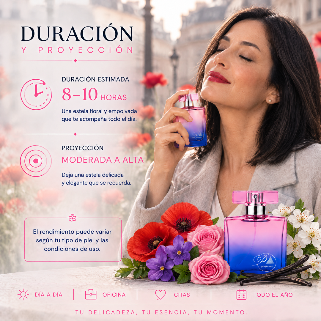 Duración de 8 a 10 horas y proyección moderada a alta del perfume de mujer inspirado en Flower by Kenzo